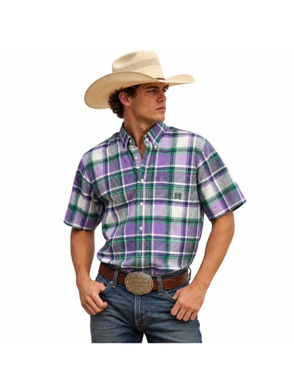 Cinch Men's Plaid Short Sleeve Shirt Size M Cotton Purple & Green Western Cowboy
